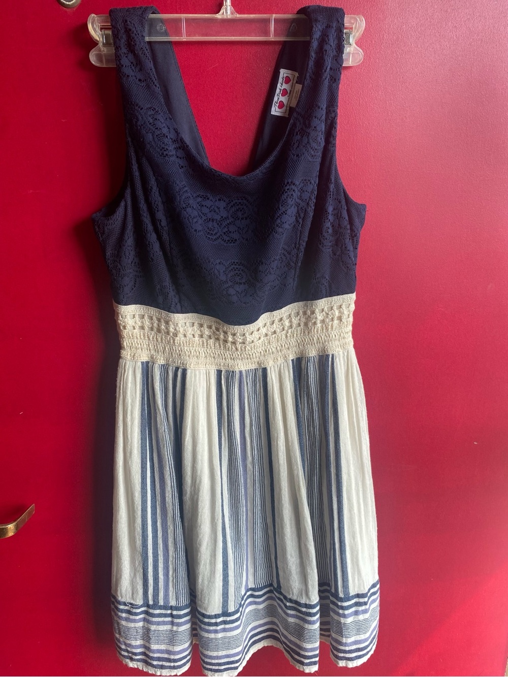 Trixxi Navy and Cream Striped Crochet Lace Gauze Junior Large Summer Dress lined